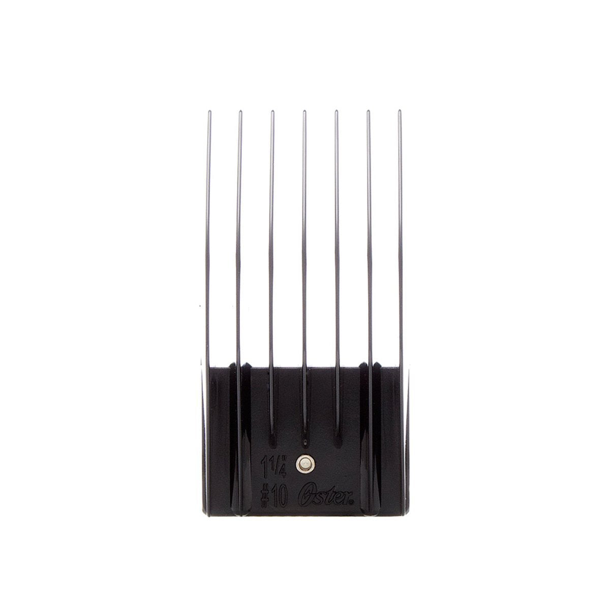 Black Oster clipper comb attachment with seven long teeth, marked #10 and 1 1/4 inch