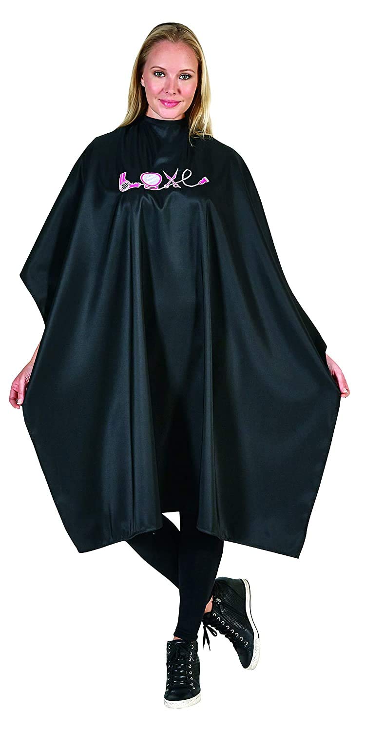 Blonde woman holding out the sides of the long black LOVE styling cape
