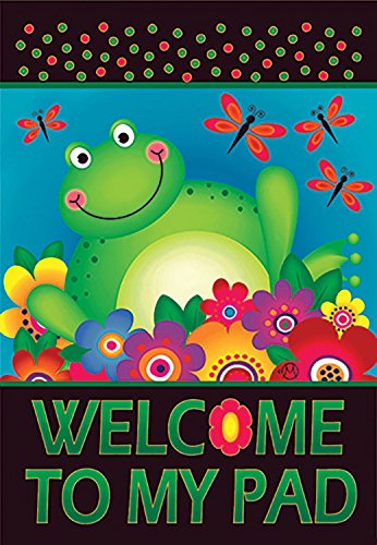 Flat view of the Welcome to My Pad frog flag with polka dot top band