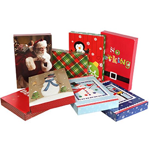 Stack of Christmas shirt boxes with Santa, snowman, plaid and No Peeking designs