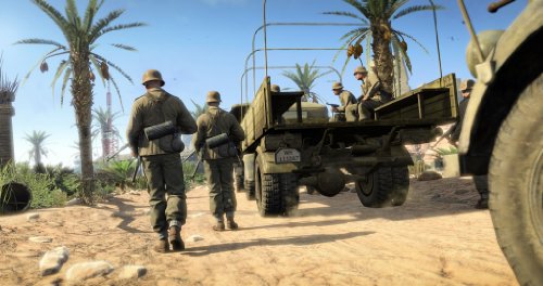 Gameplay scene of helmeted soldiers walking beside a parked army truck in the desert