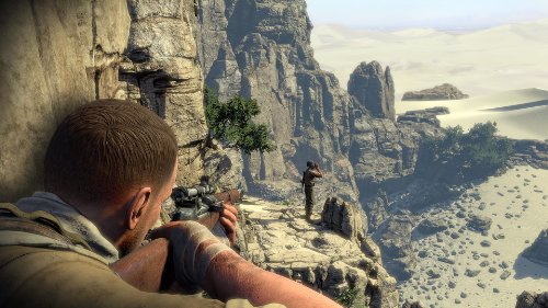 Gameplay scene of a sniper on a cliff ledge aiming at a guard in a rocky canyon