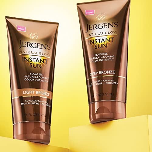 Light bronze and deep bronze tanning moisturizer tubes on yellow stands