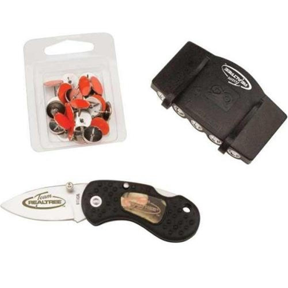 Team Realtree kit with black folding knife, clip-on cap light and orange reflective tacks