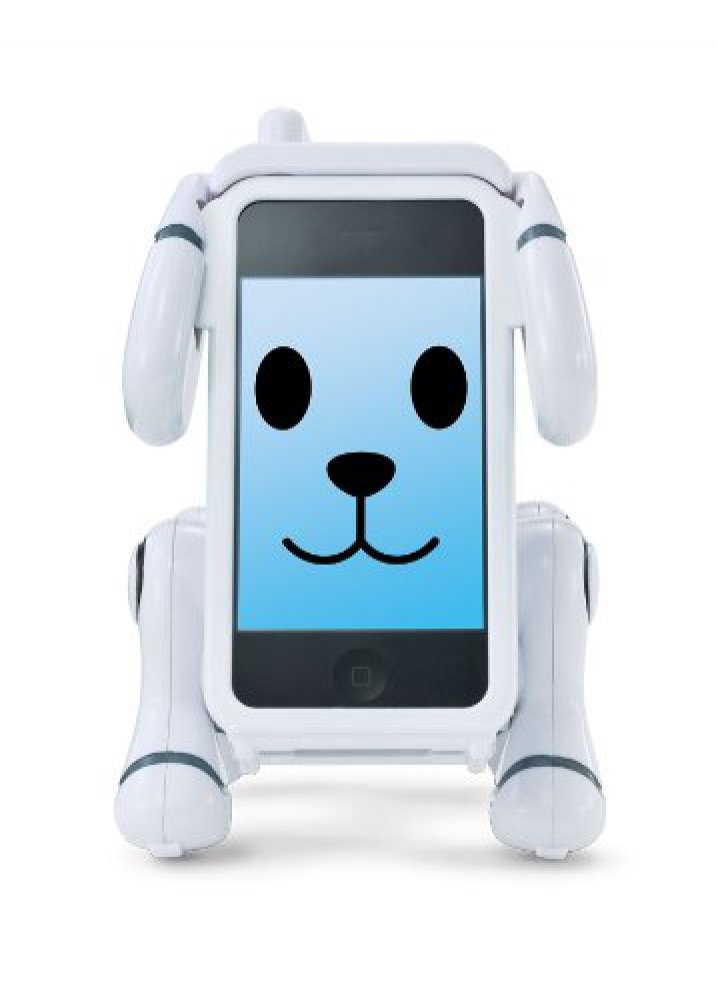 Front view of the white robot dog with floppy ears and a cartoon face on the phone