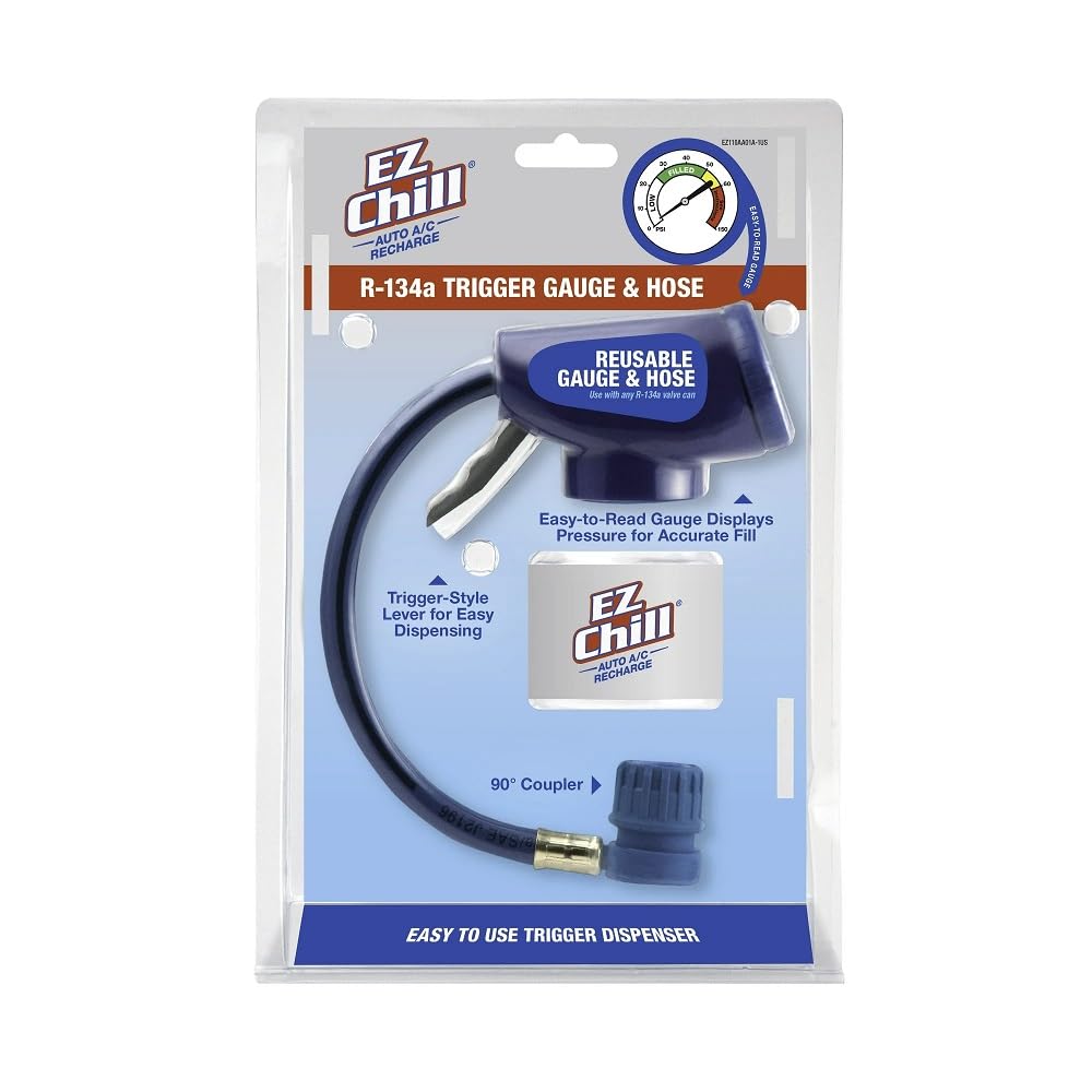 Blister pack of a blue R-134a trigger gauge and hose with 90 degree coupler for car AC recharge