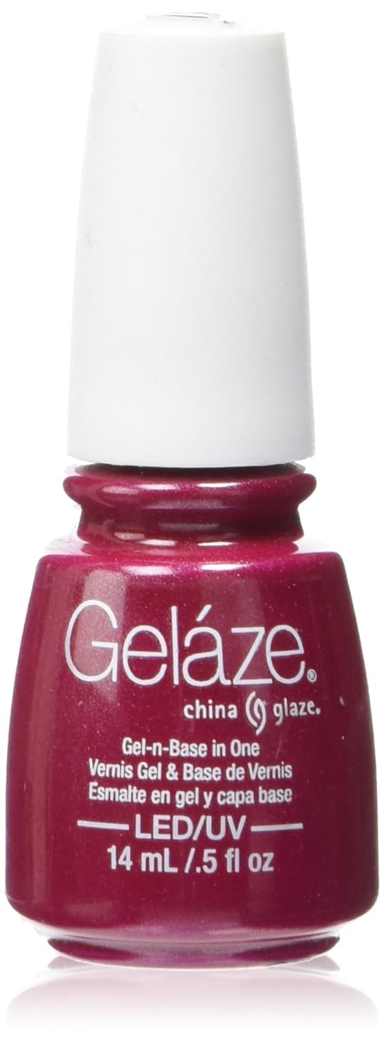 Bottle of shimmery raspberry gel polish with a white cap, 14 mL LED/UV