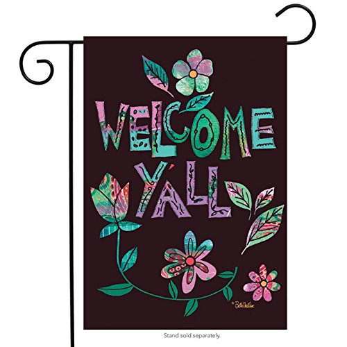 Dark brown garden flag with patterned pink and teal Welcome Y'all lettering and flowers, on a stand
