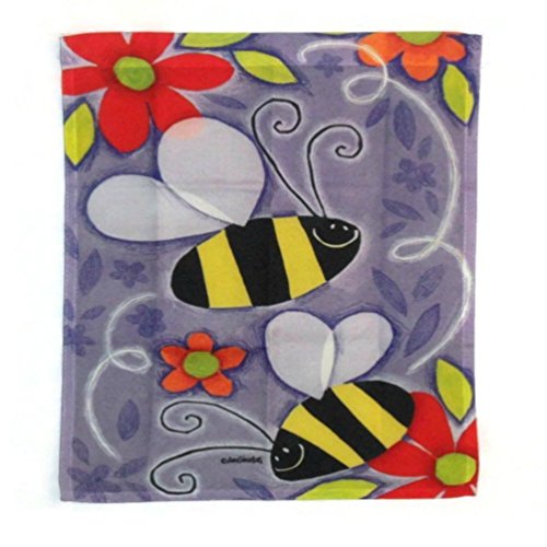 Lavender garden flag with two cartoon bumble bees and red and orange flowers