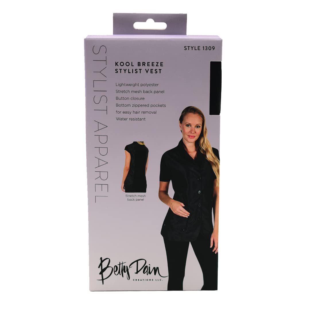 Boxed black stylist vest with a lilac label listing its features
