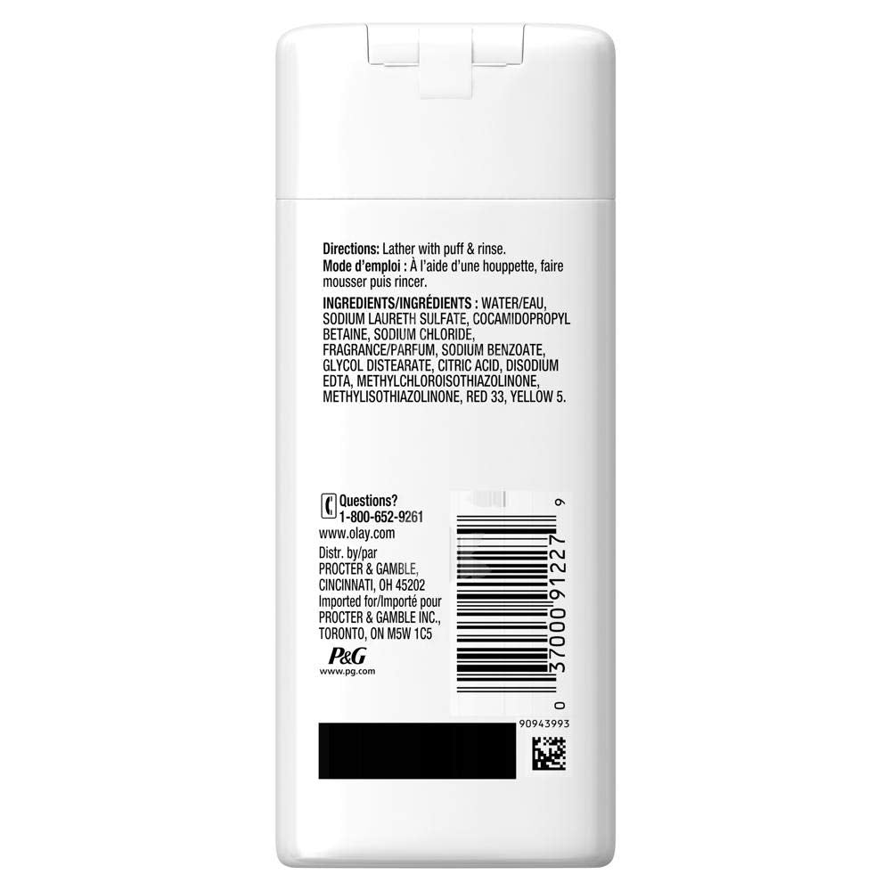 Back of the travel body wash bottle with directions, ingredients and barcode