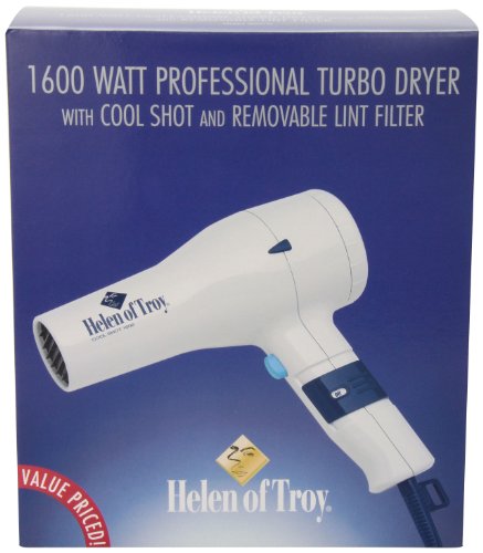 Blue box of a 1600 watt turbo hair dryer with cool shot and removable lint filter