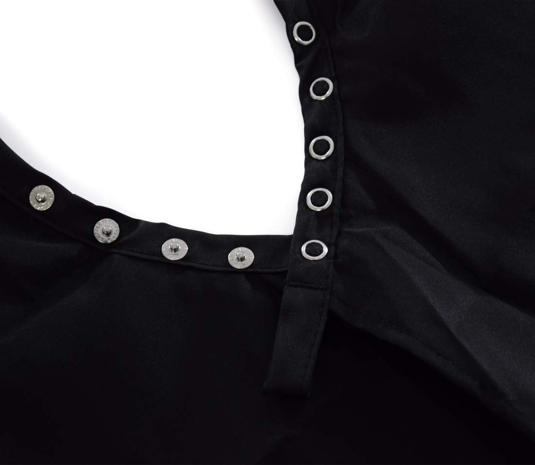 Close-up of the black cape neckline with a row of adjustable silver snaps