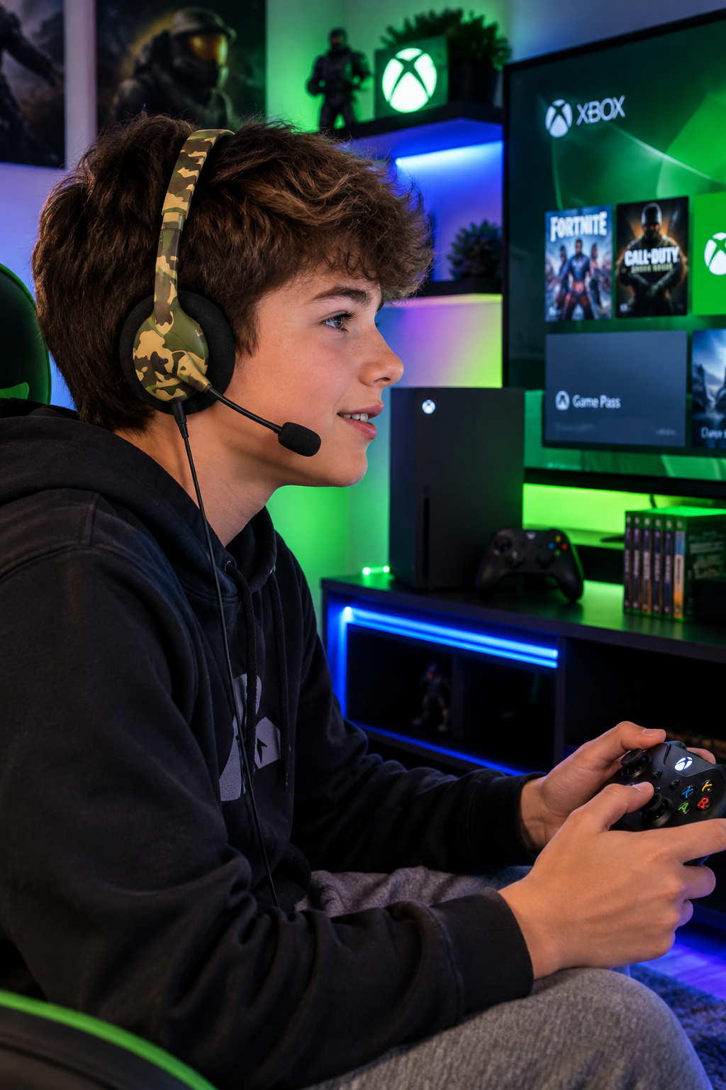 Teen gamer wearing a camo headset with boom mic, playing Xbox in a green-lit room