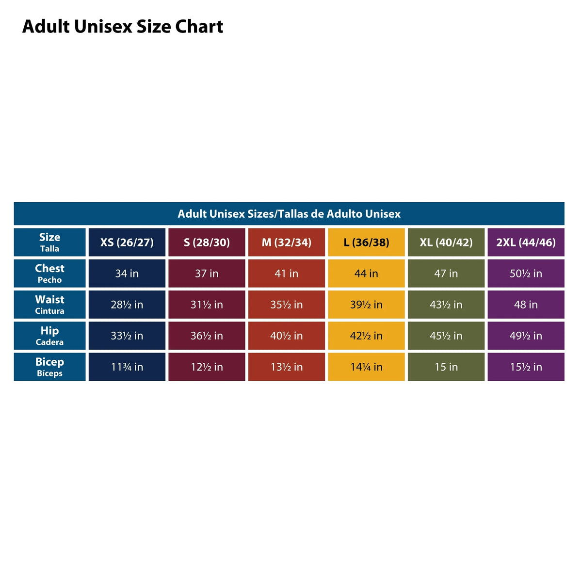 Adult unisex costume size chart from XS to 2XL with chest, waist, hip and bicep