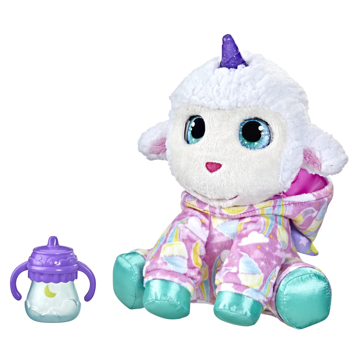 Jammiecorn lamb sitting in pink pajamas with teal feet next to a sippy bottle