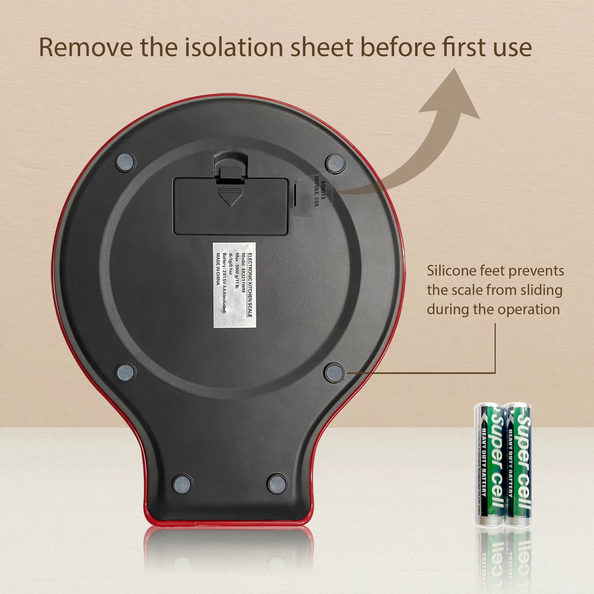 Underside of the scale with battery cover, silicone feet and two AAA batteries