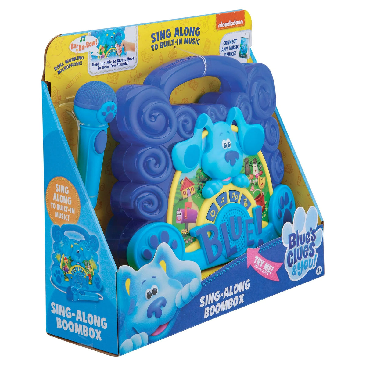 Angled view of the boxed blue puppy boombox from the left with microphone