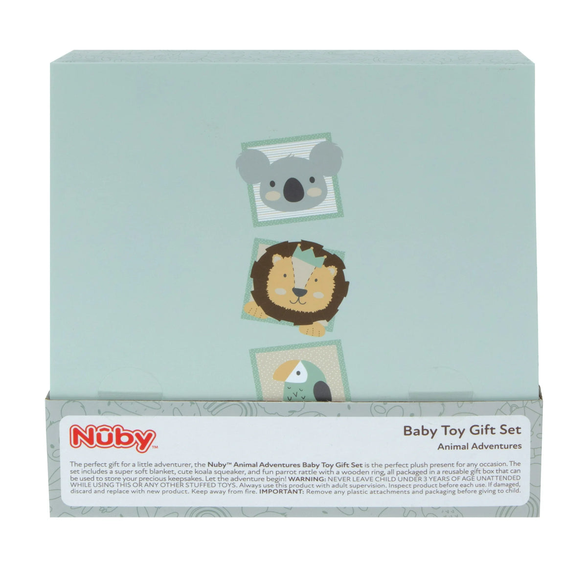 Mint keepsake box lid printed with a koala, lion and parrot, with product label