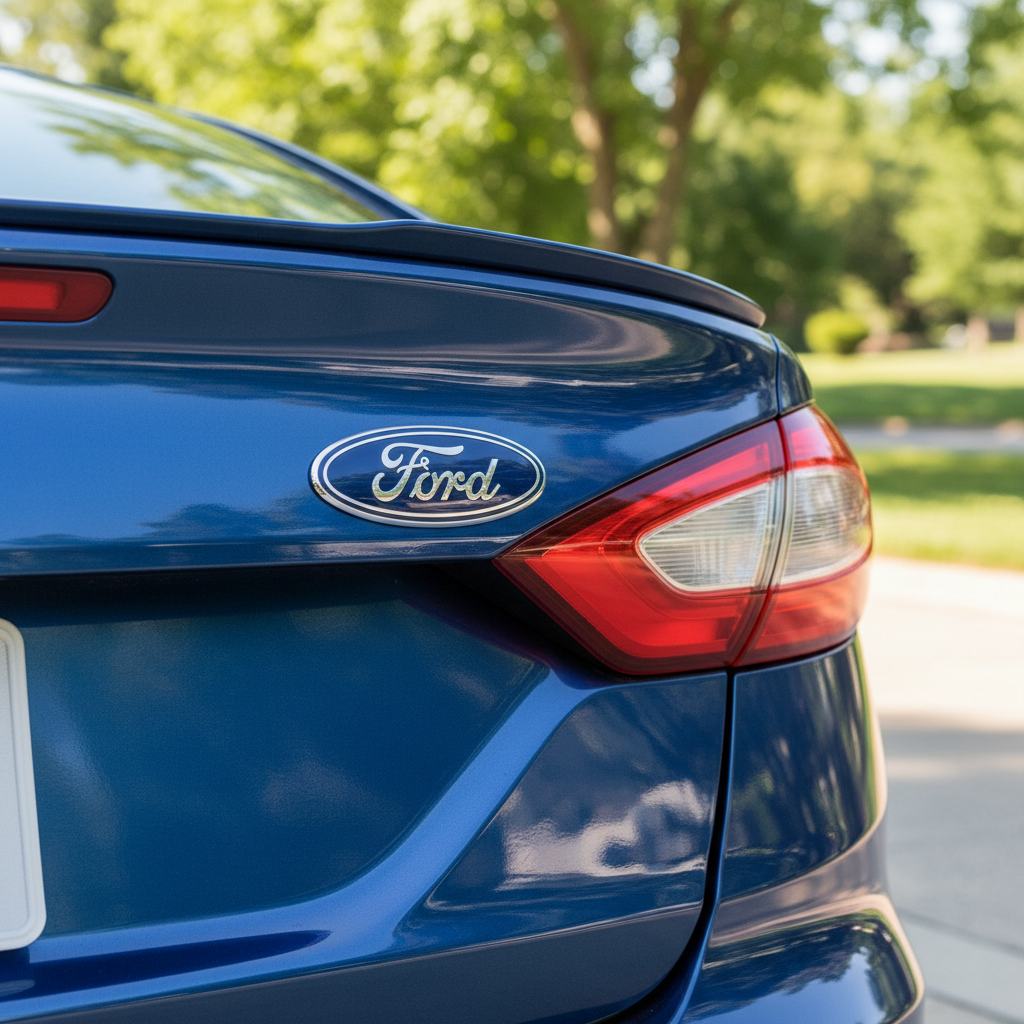 Blue and chrome Ford oval emblem on the trunk lid of a blue car
