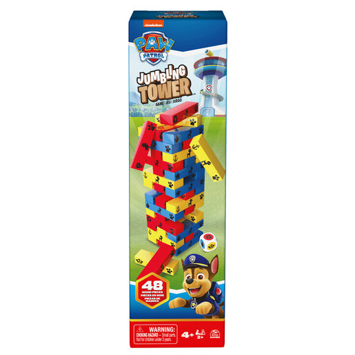 Box of 48-piece wooden jumbling tower game with a cartoon police pup