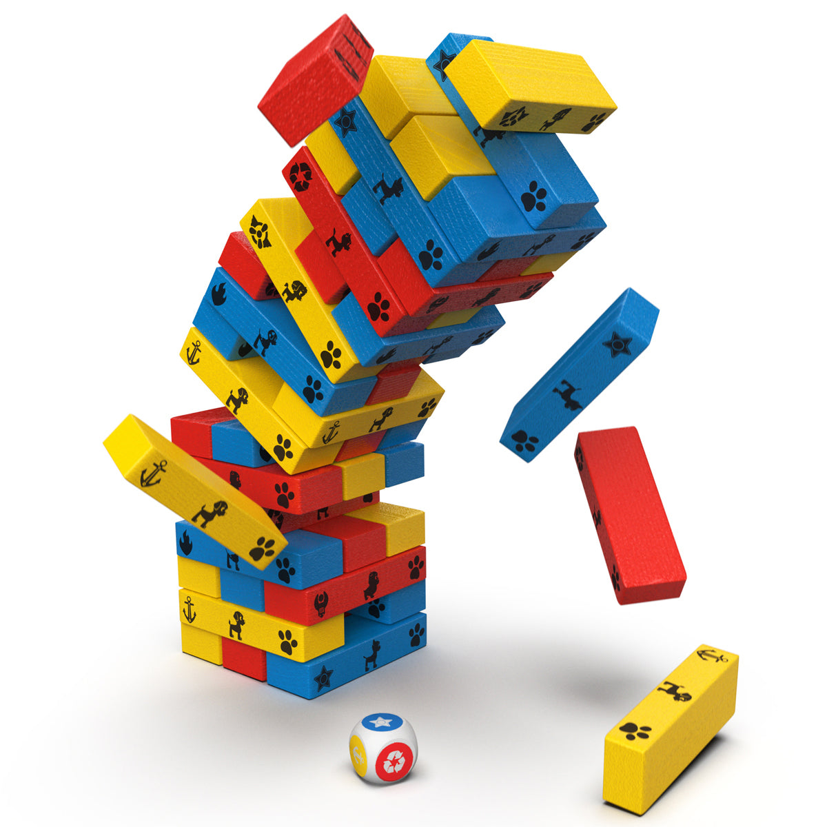 Colourful block tower toppling with blocks falling beside a picture die
