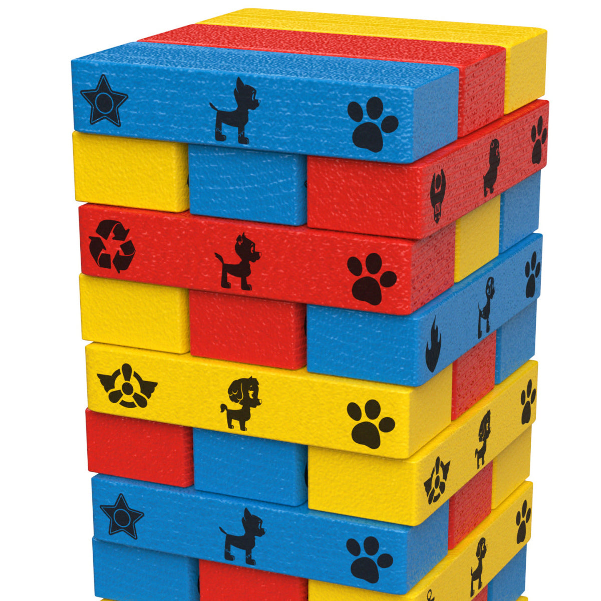 Close-up of red, blue and yellow stacking blocks printed with pup silhouettes and paw prints