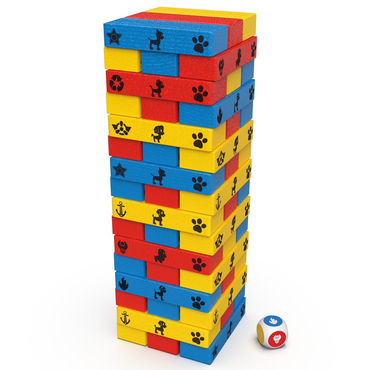 Full red, blue and yellow wooden block tower with a picture die beside it