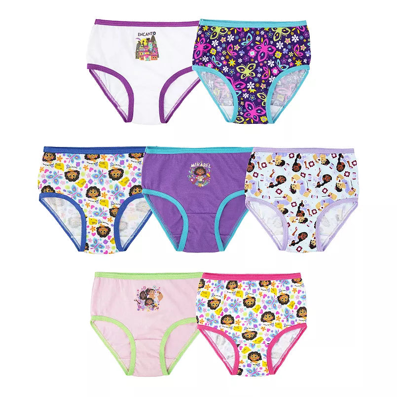 Seven girls' briefs in white, purple, pink and character prints with butterflies and flowers