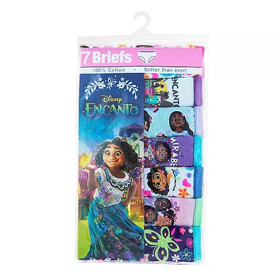 Clear hanging pack of 7 briefs with a curly-haired cartoon girl on the card