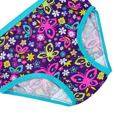 Close-up of purple briefs with pink and green butterflies and flowers, turquoise trim