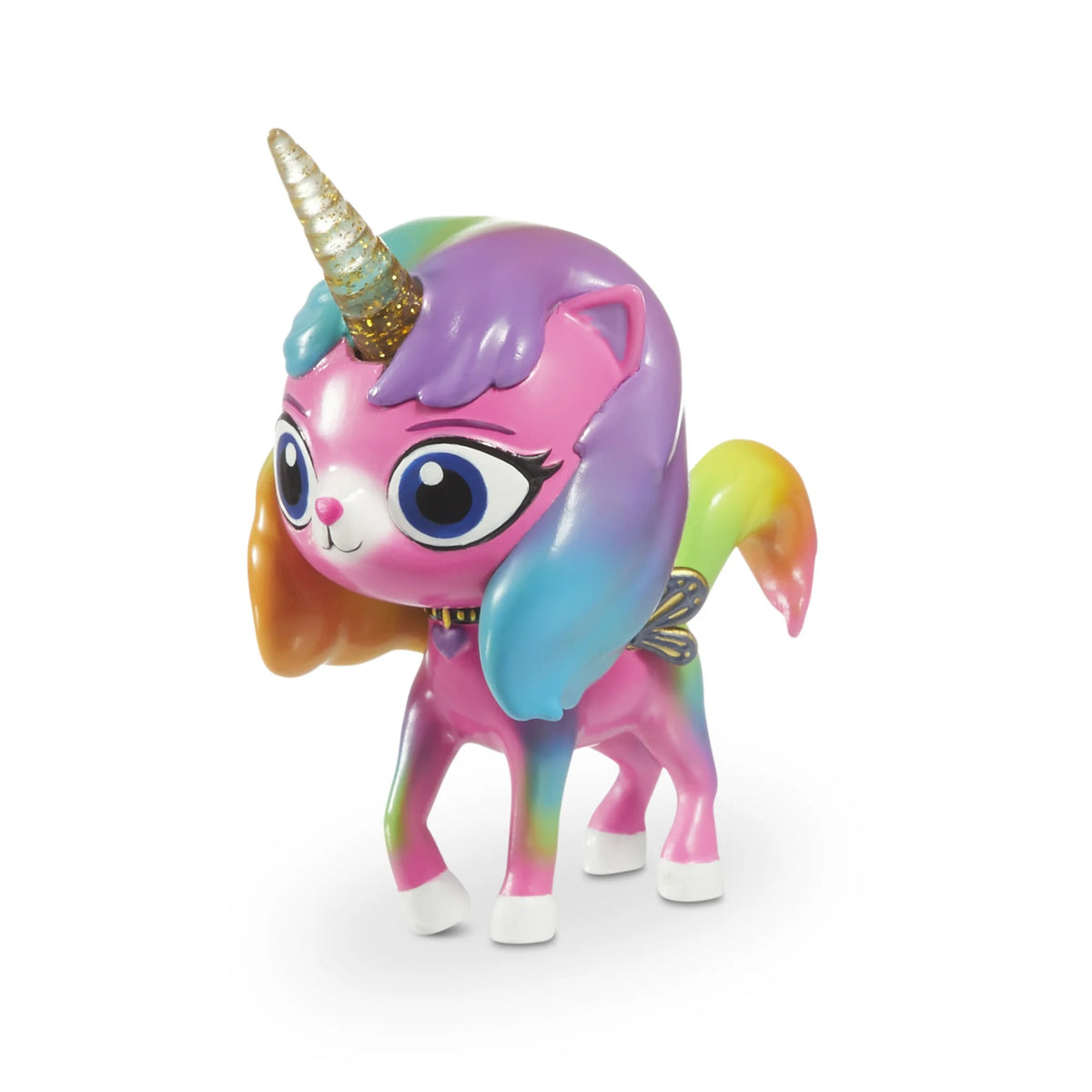 Front three-quarter view of the unicorn kitty with blue eyes and a heart collar