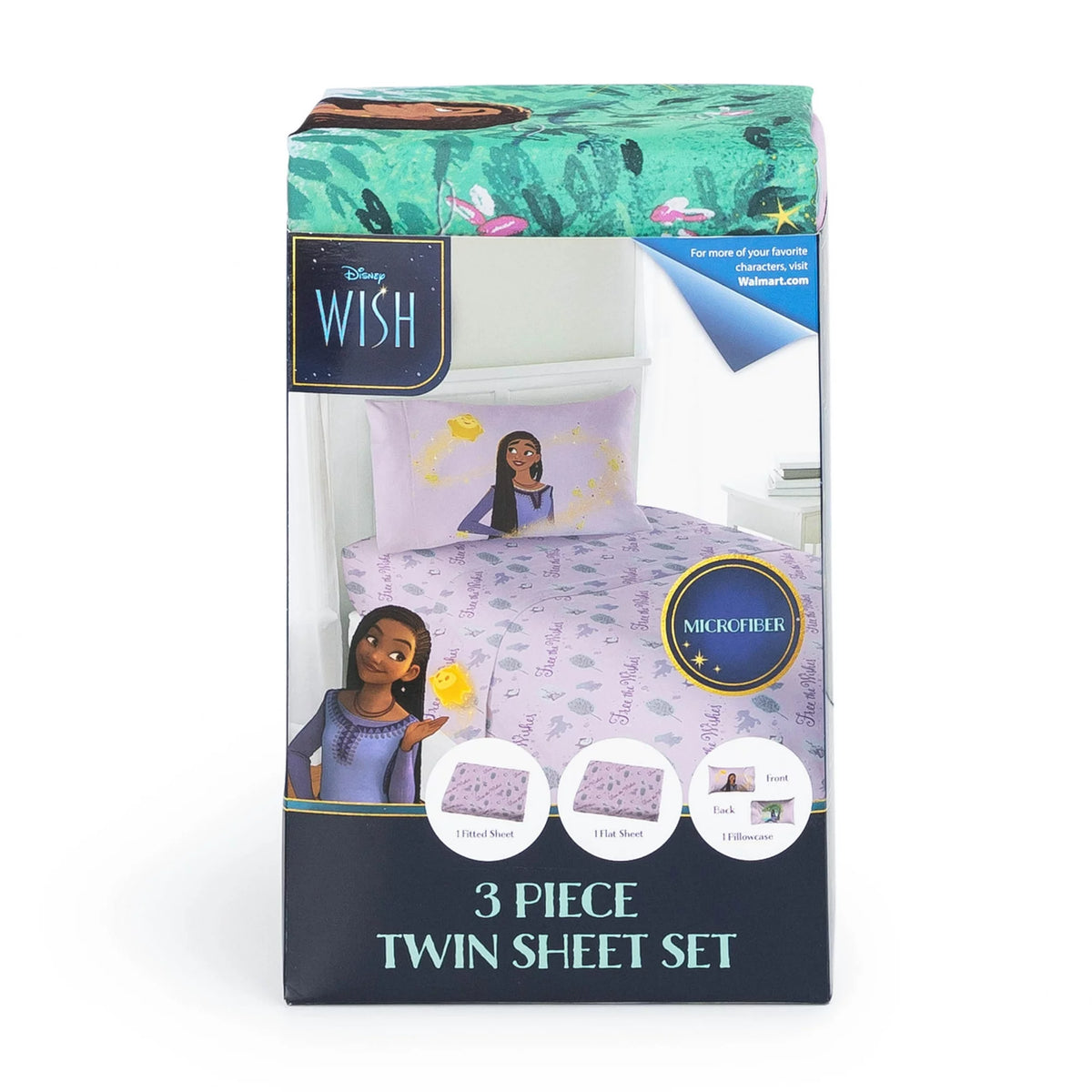 Front of a 3 piece twin sheet set package with Asha and the lilac bedding