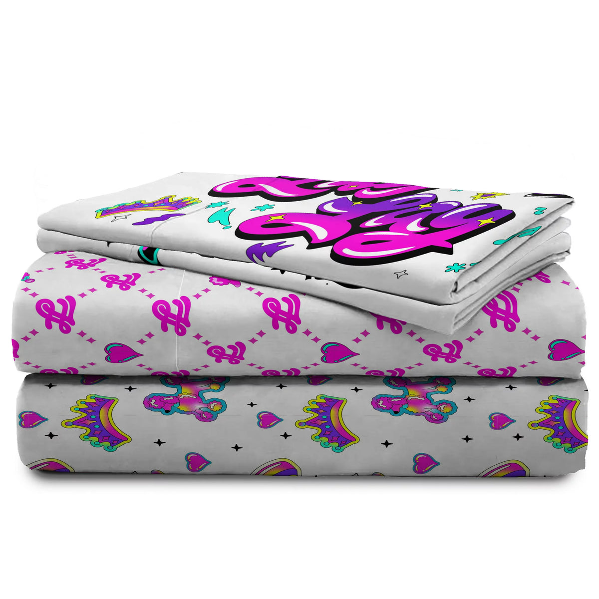 Folded Lay Lay sheet set with crown, poodle and heart prints and a graffiti pillowcase