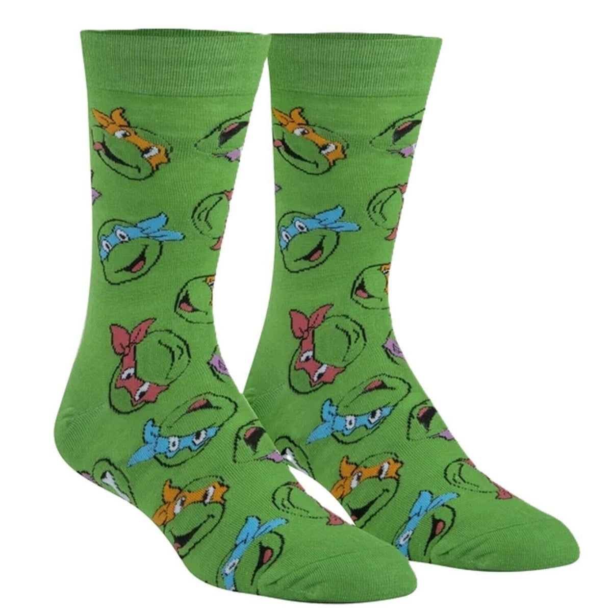 Pair of green crew socks covered in turtle faces with blue, orange, red and purple masks