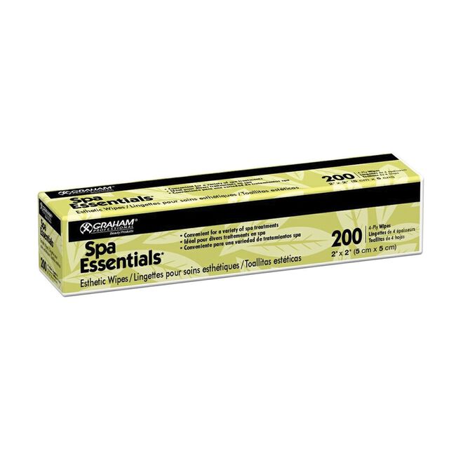 Long yellow box of 200 non-woven 2 by 2 inch esthetic wipes