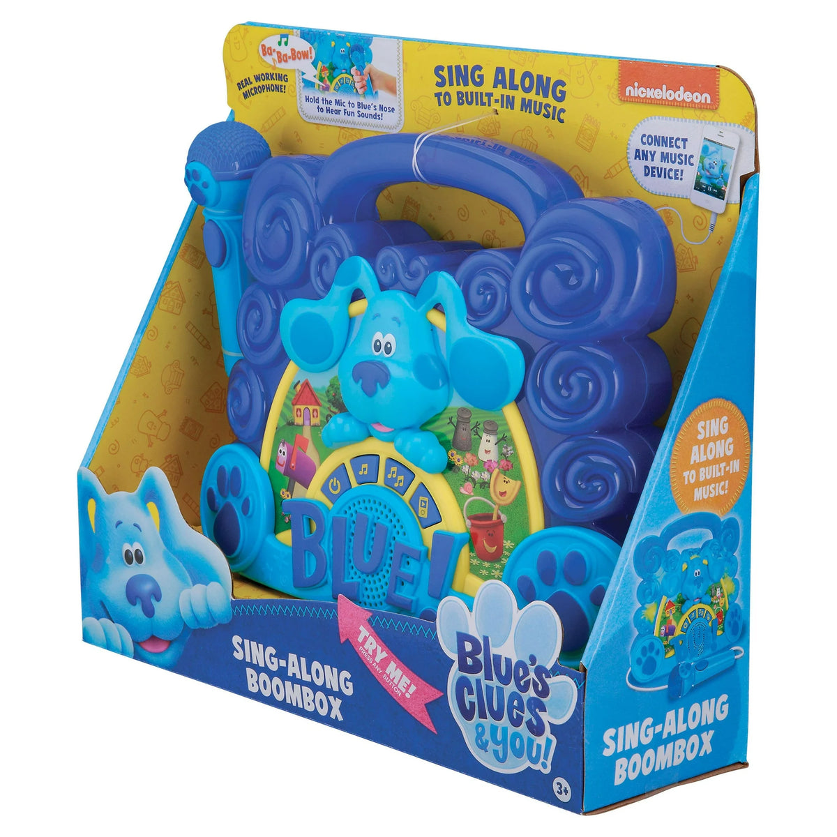 Angled view of the boxed blue puppy sing-along boombox from the right