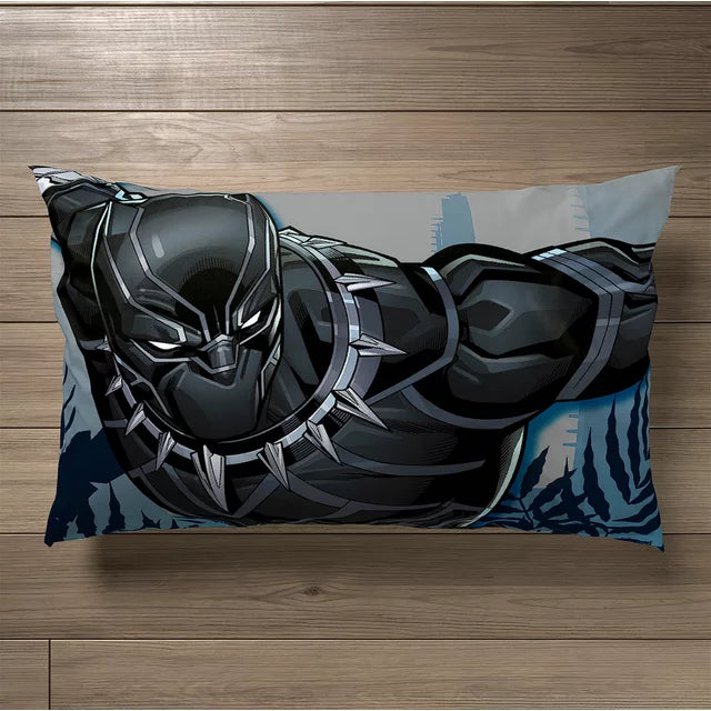 Black Panther pillowcase lying on a wooden floor