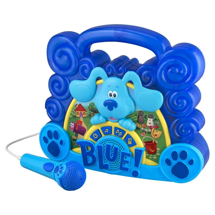 Blue swirl-shaped kids boombox with a puppy face, paw-print speakers and corded microphone