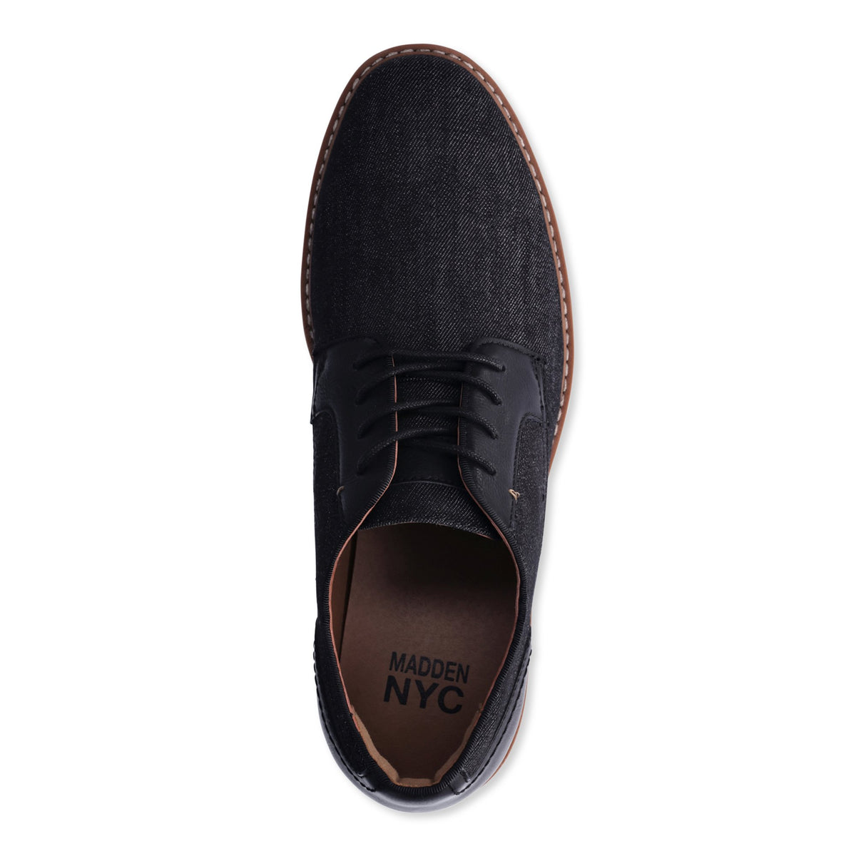 Top view of the black denim oxford showing the laces and tan insole