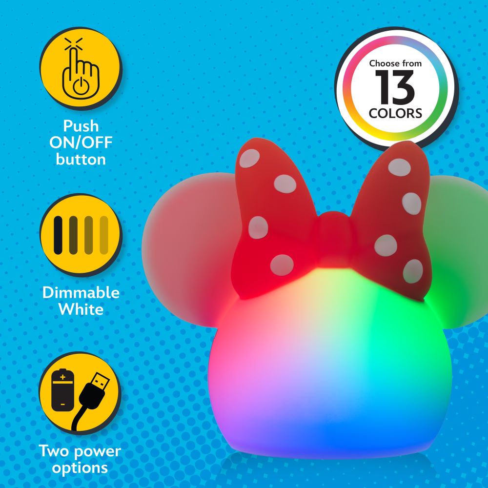 Minnie Mouse lamp glowing in rainbow colours, with icons for push button, dimmable white and two power options