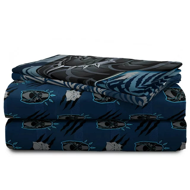 Stack of folded Black Panther sheets with the pillowcase on top