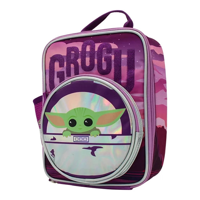 Angled purple Grogu lunch bag with Grogu peeking from his pod pocket