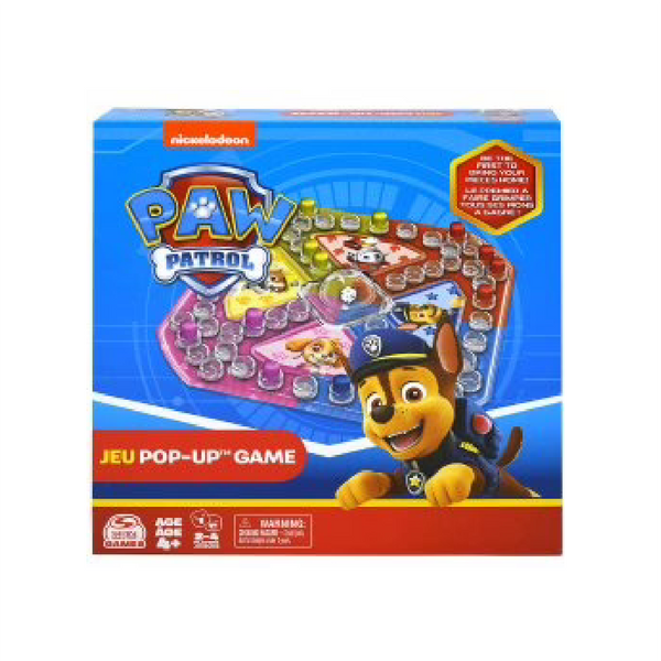 Pop-up race game box with a pup-shaped board and a smiling police pup