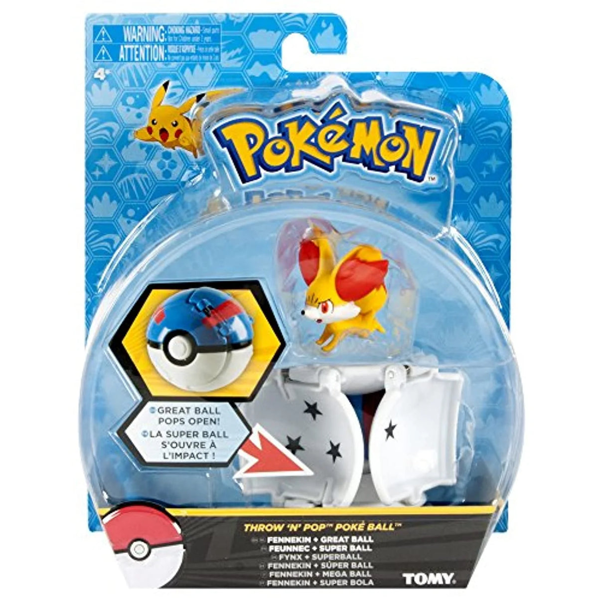Carded throw-and-pop set with the yellow fox figure and blue capture ball, ages 4+