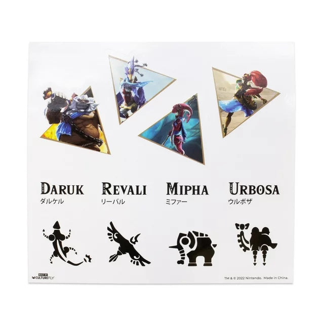 Champions sticker sheet: Daruk, Revali, Mipha and Urbosa with their symbols
