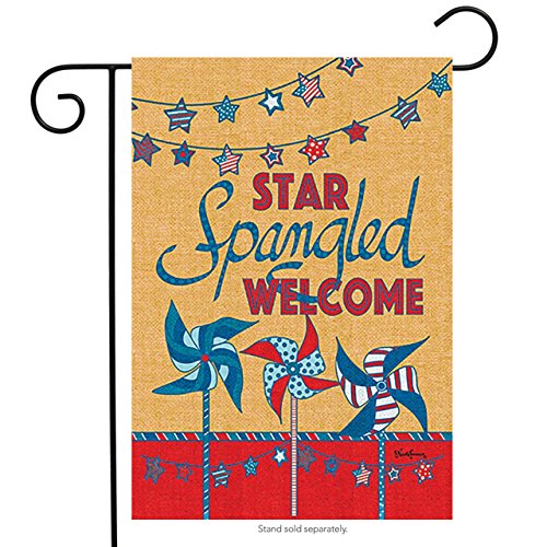 Burlap-look flag with red, white and blue pinwheels, star bunting and Star Spangled Welcome, on a stand