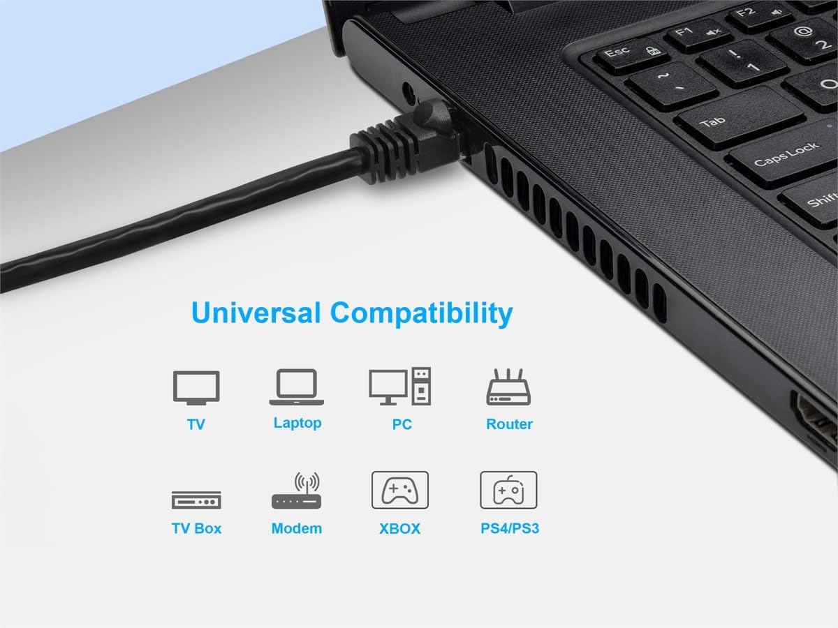 Ethernet cable plugged into a laptop port with device compatibility icons