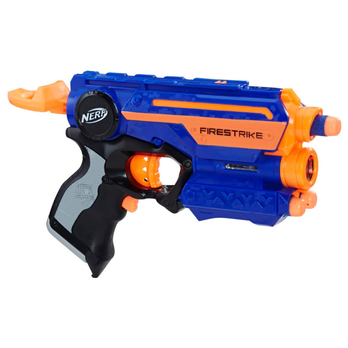 Side view of the blue and orange dart blaster with a black grip and loaded dart