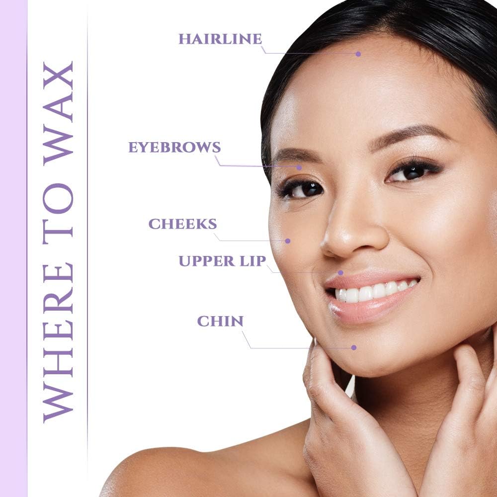 Smiling woman with labels for hairline, eyebrows, cheeks, upper lip and chin waxing
